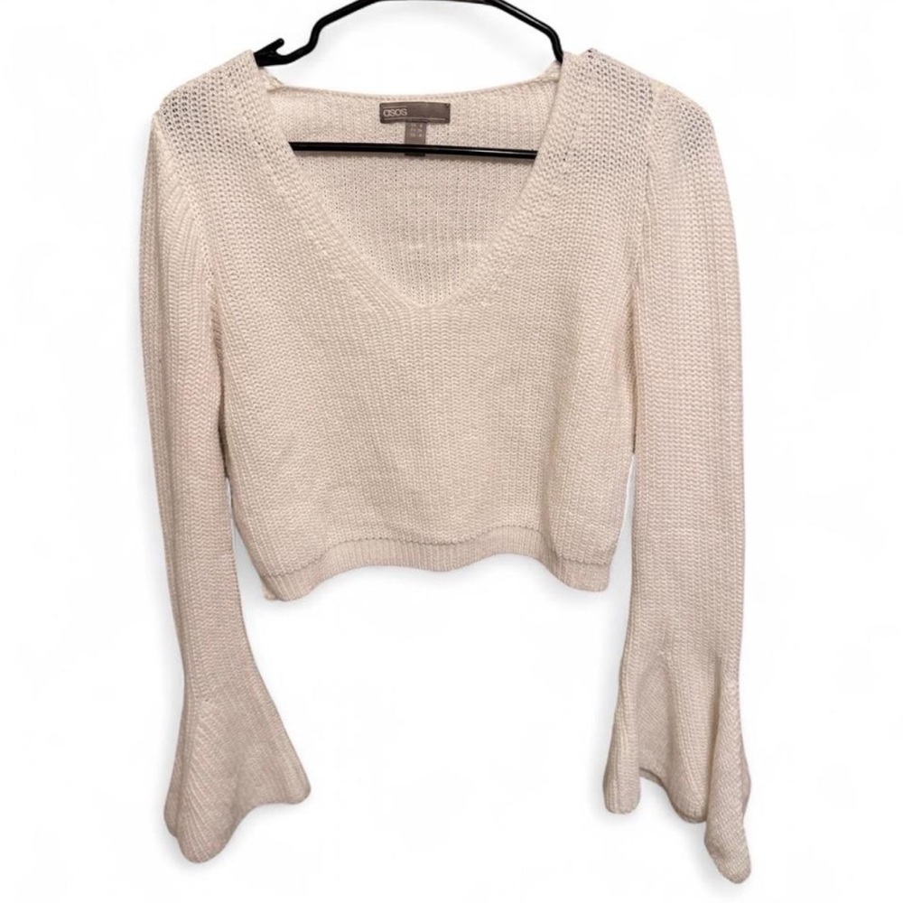 ASOS cropped White Knit V Neck Sweater bell sleeves